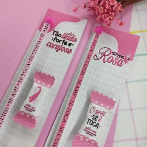 Cartão com Balinha e Lápis ou Caneta- Outubro Rosa