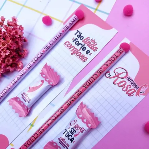 Cartão com Balinha e Lápis ou Caneta- Outubro Rosa