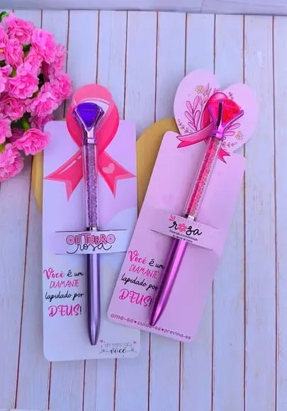 Cartão com Caneta Diamante- Outubro Rosa