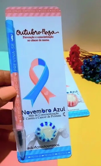 Cartão com Caneta e Balinha- Outubro Rosa e Novembro Azul