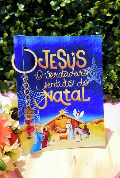 Cartão com Chaveirinho e Florzinha Sempre Viva- Natal Cristã