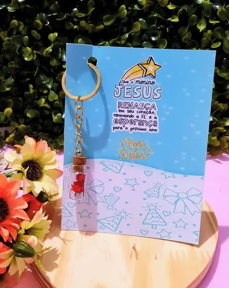 Cartão com Chaveirinho e Florzinha Sempre Viva- Natal Cristã