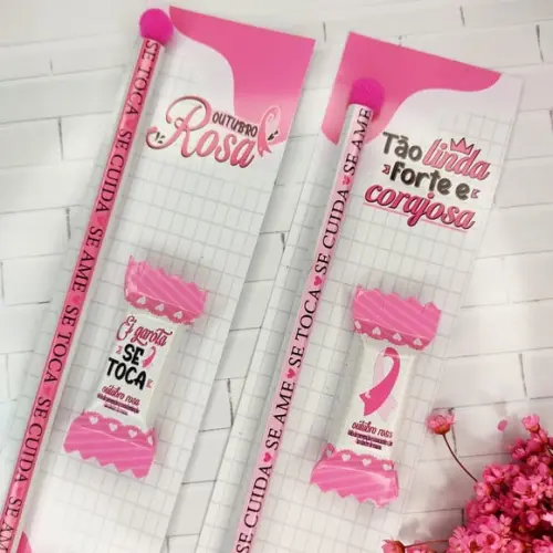 Cartão com Lápis ou Caneta e Balinha- Outubro Rosa