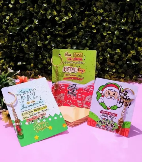 Cartão e Chaveirinho com Florzinha Sempre Viva- Natal