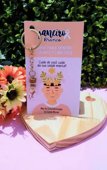 Cartão+chaveirinho com Florzinha Sempre Viva- Janeiro Branco
