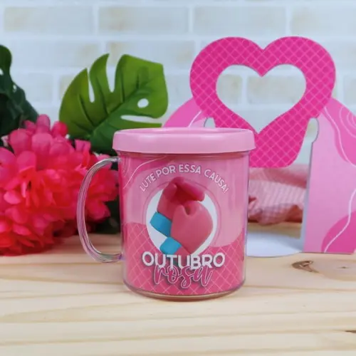 Suporte com Caneca Acrílica- Outubro Rosa