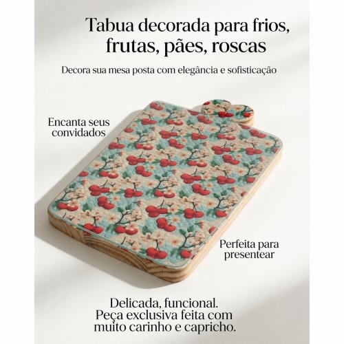 Tábua madeira decorada com decoupage (tecido) - proteção de vidro fixo (31 cm. x 22 cm.)