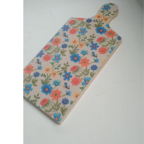 Tábua madeira decorada com decoupage (tecido) - proteção de vidro fixo (40 cm. x 19 cm.)