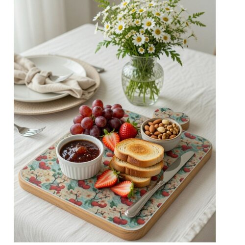 Tábua madeira decorada com decoupage (tecido) - proteção de vidro fixo (31 cm. x 22 cm.)