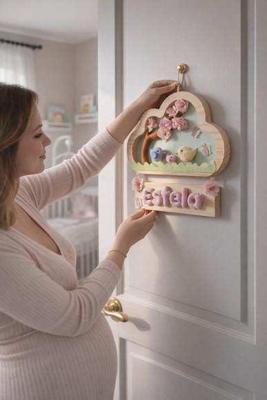 Enfeite de Porta de Maternidade - Passarinhos com Cerejeira