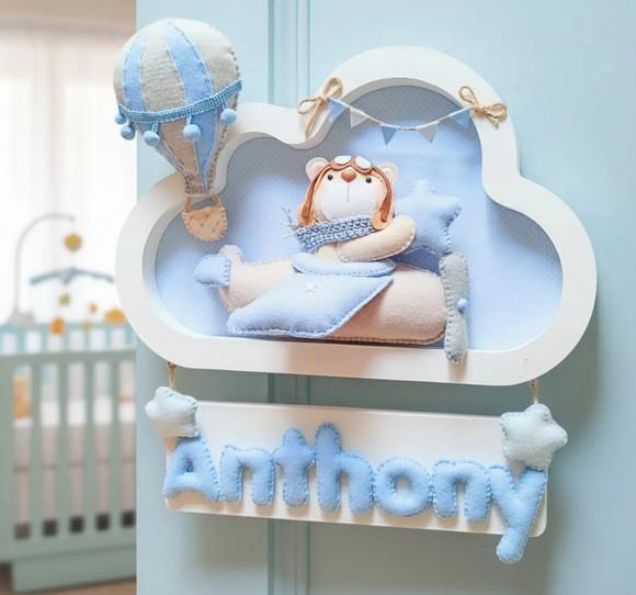 Enfeite Quadrinho Porta de Maternidade - Urso Aviador Branco