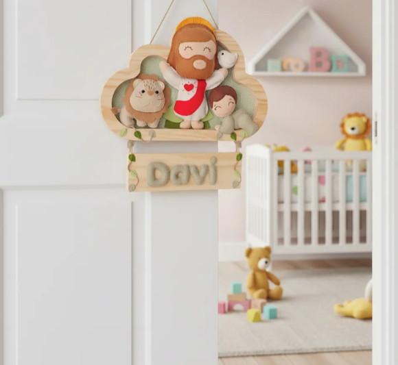 Enfeite Quadrinho Porta Maternidade - Jesus, Davi e o Leão