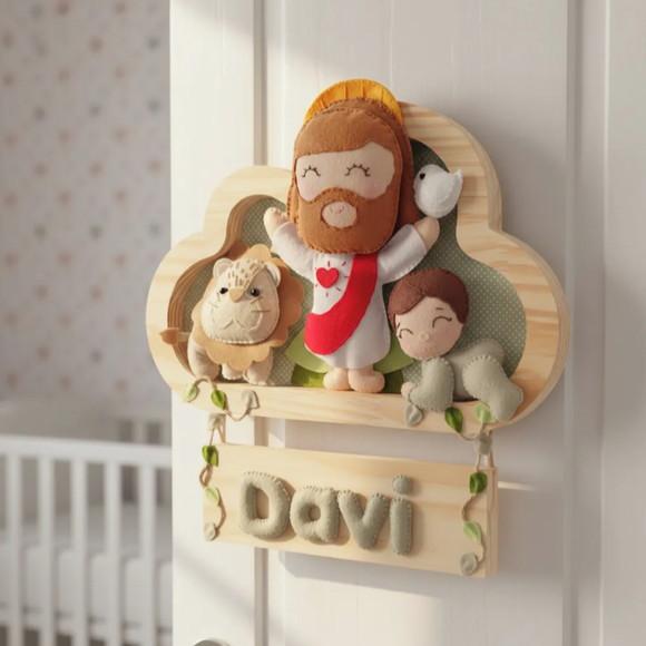 Enfeite Quadrinho Porta Maternidade - Jesus, Davi e o Leão