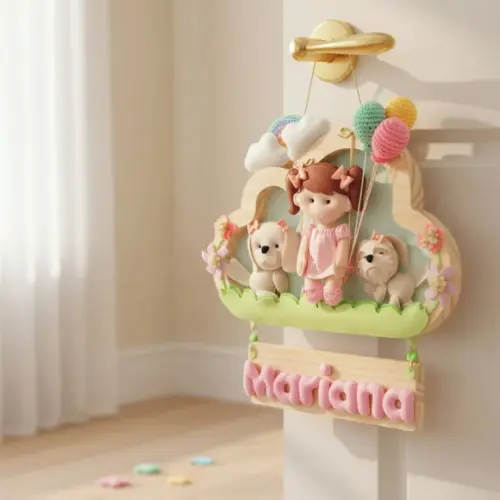 Enfeite de Porta de Maternidade - Menininha e Cachorrinhos