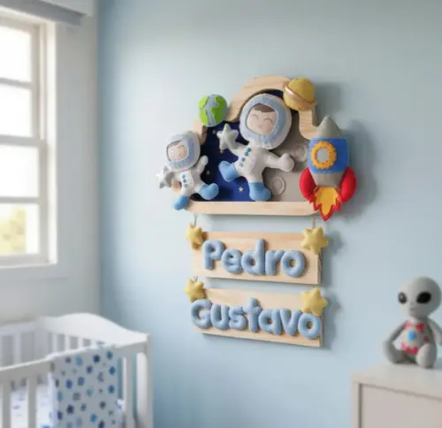 Enfeite Quadrinho Porta de Maternidade - Astronauta Gêmeos