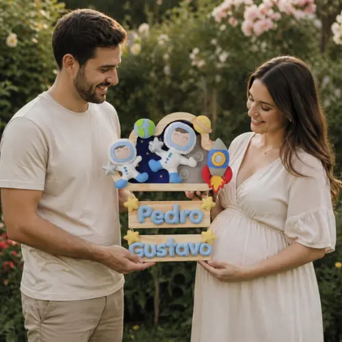 Enfeite Quadrinho Porta de Maternidade - Astronauta Gêmeos