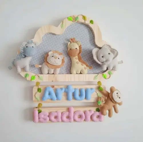 Enfeite Quadrinho Porta de Maternidade - Safari Cinza Gêmeos