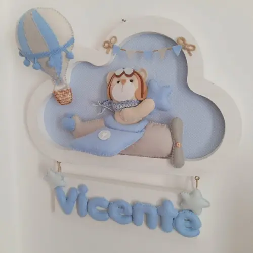 Enfeite Quadrinho Porta de Maternidade - Urso Aviador Branco