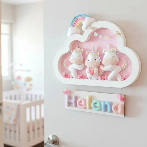 Enfeite Quadrinho Porta de Maternidade Unicórnios Branco