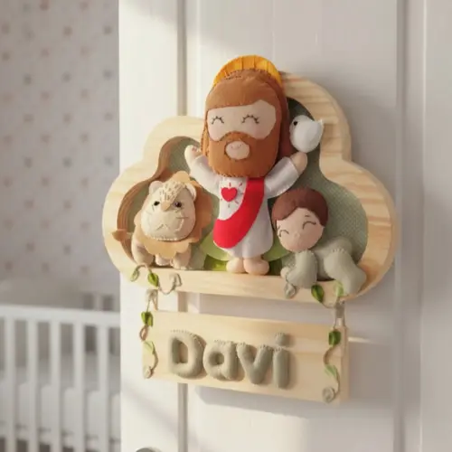 Enfeite Quadrinho Porta Maternidade - Jesus, Davi e o Leão