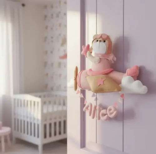 Enfeite Quarto Porta de Maternidade - Ursinha Aviadora Rosa