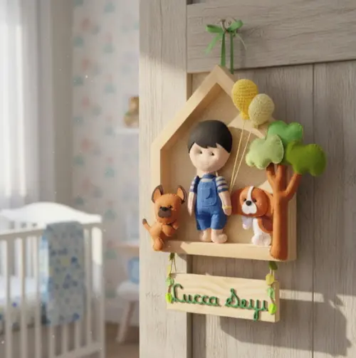 Porta de Maternidade - Menininho, Árvore e Cachorrinho