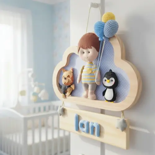 Porta de Maternidade - Menininho, Pinguim e Cachorrinho