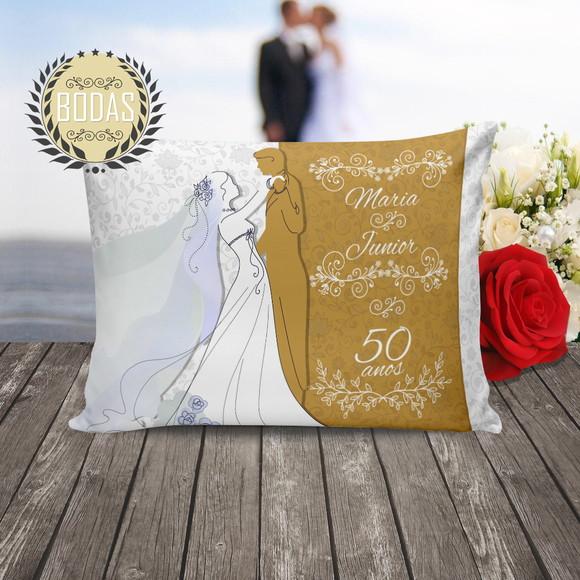 Almofada Bodas de Ouro de Casamento 50 Anos Dorado com Cinza