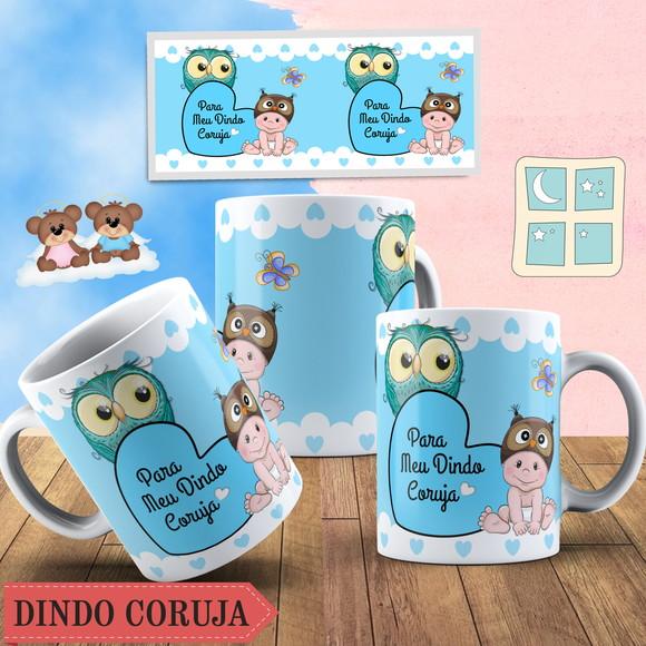 Caneca Convite de Batismo Presente Dindo ou Dinda Coruja