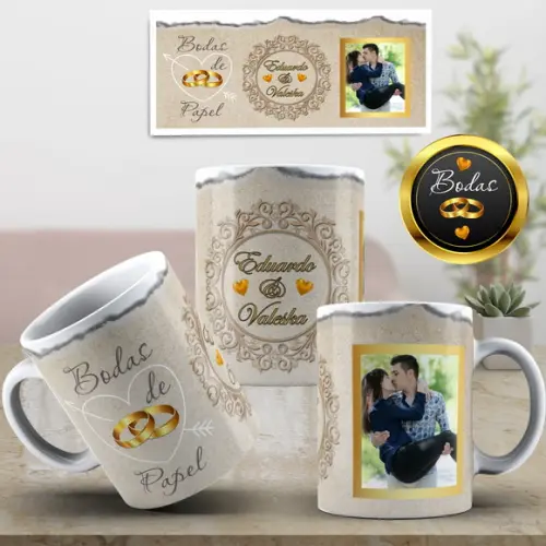 Caneca Bodas de papel de Casamento 1 ano de casados presente