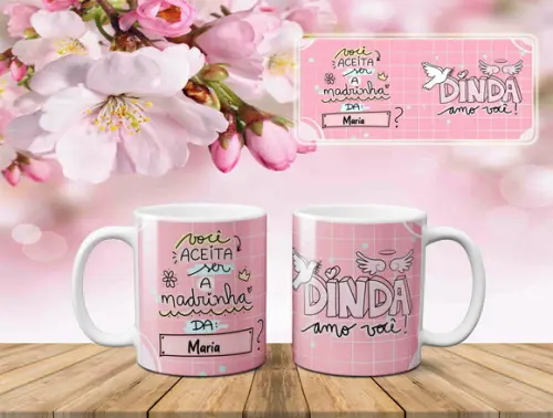 Caneca Convite de Batismo Personalizada Dindos Kit