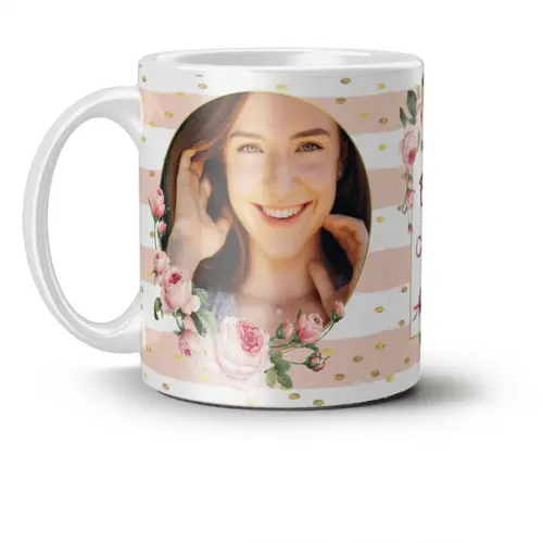 Caneca Feliz aniversário personalizada com foto floral