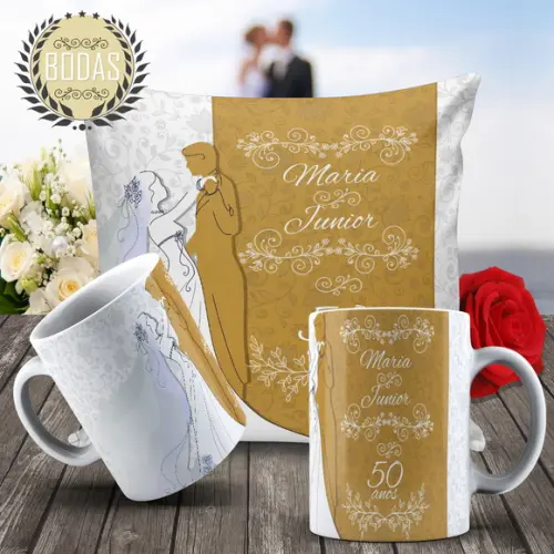 Presente Bodas de Ouro de Casamento 50 Anos Dorado com Cinza
