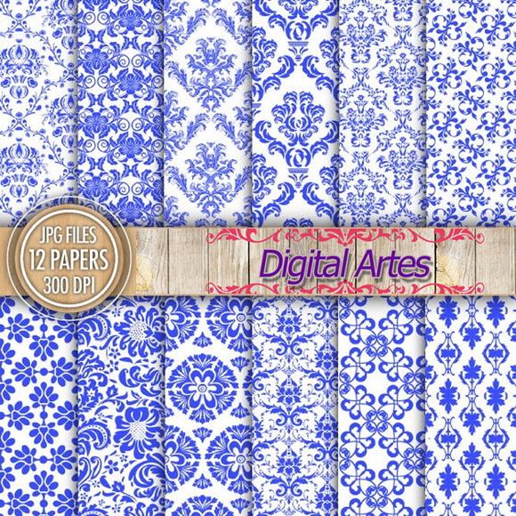 Kit Digital Papéis Florais Branco e Azul