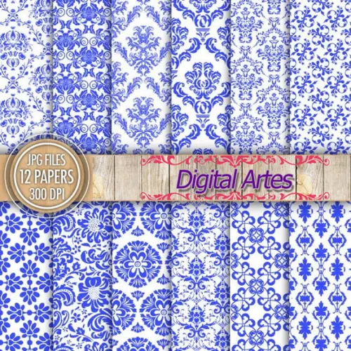 Kit Digital Papéis Florais Branco e Azul