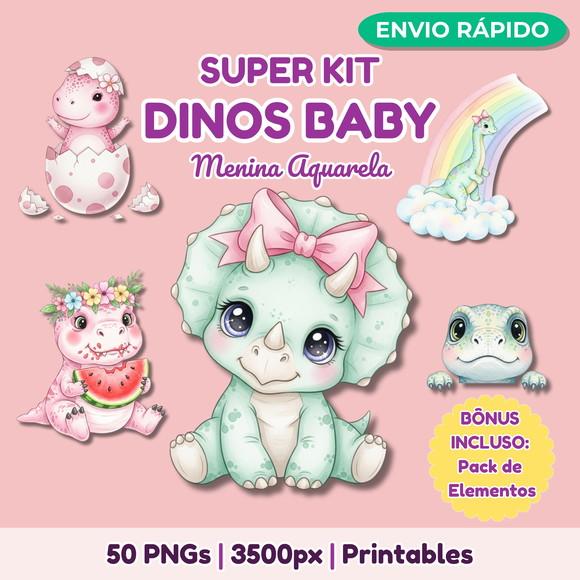 Kit Digital Dinossauros Baby Menina Cute Aquarela + 15 Bônus