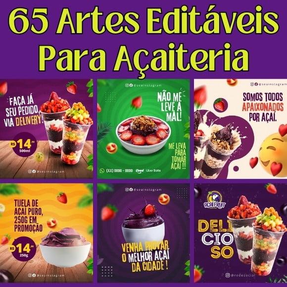 Pack Artes Canva Açaí 65 Temas Editáveis para Açaiteria