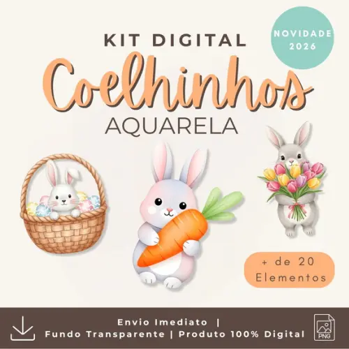 Kit Digital Páscoa 2026 Coelhinhos Cute Aquarela Png Cod 003