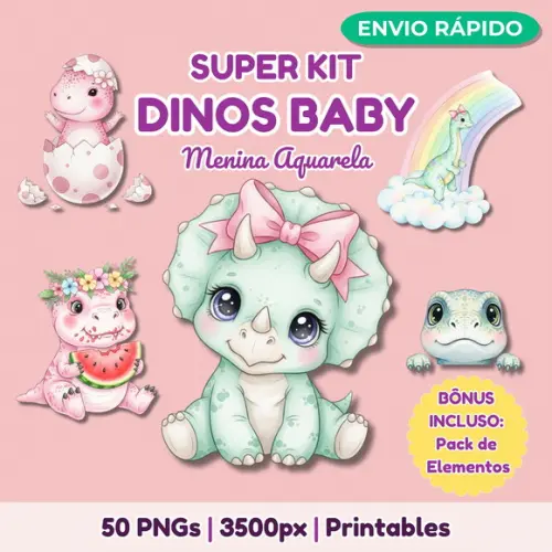 Kit Digital Dinossauros Baby Menina Cute Aquarela + 15 Bônus