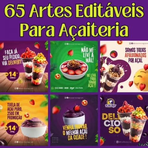 Pack Artes Canva Açaí 65 Temas Editáveis para Açaiteria