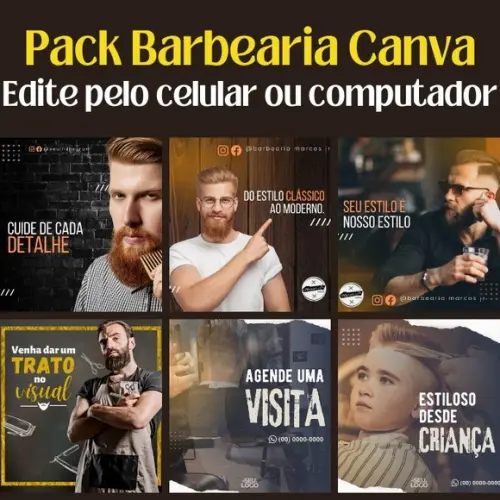 Pack Artes Canva Barbearia - 100 Temas Editáveis Vol 1