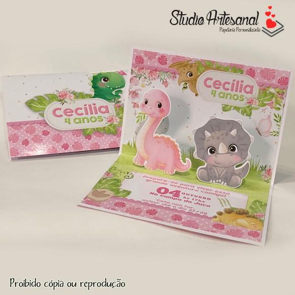 Convite Pop Up - Dinossauros Rosa