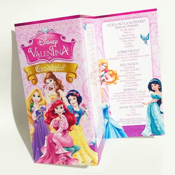 Cardápio Personalizado Tema Princesas Disney