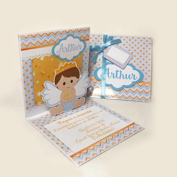 Convite Mini Pop Up - Batizado Menino