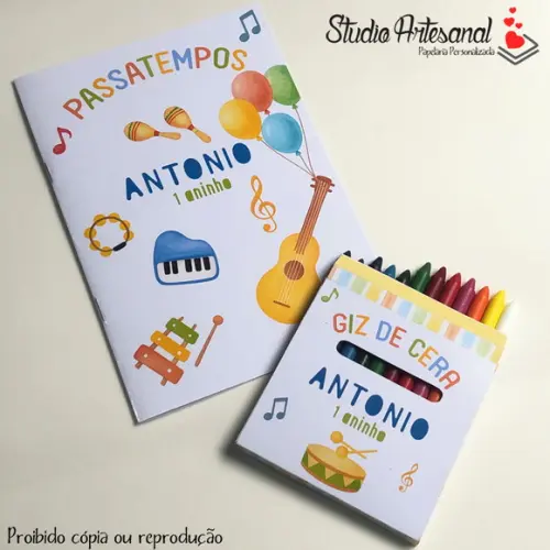 Kit Livro de Passatempos+ Giz de Cera- Instrumentos Musicais