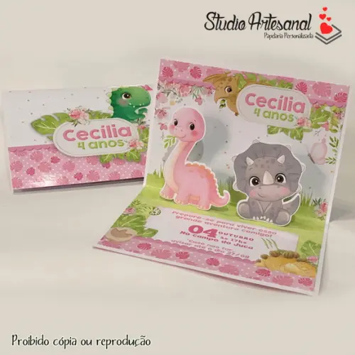 Convite Pop Up - Dinossauros Rosa