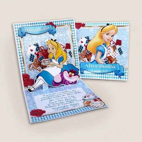 Convite Mini Pop Up Tema Alice no País das Maravilhas