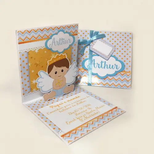 Convite Mini Pop Up - Batizado Menino