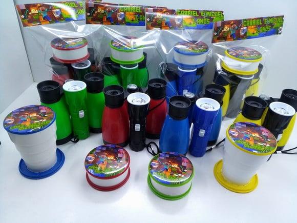 Kit Binoculo + Copo Retratil + Lanternas Tema Minecraft