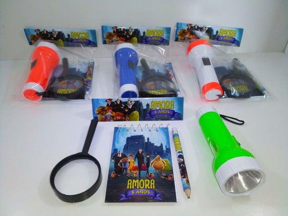 Kit Bloquinho + Mini Lápis + Lanterna + Lupa Tema